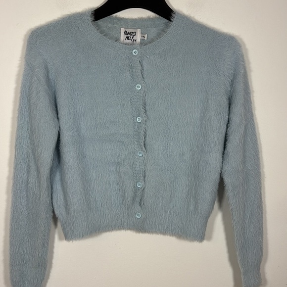 Princess Polly Phoebe Button Front Cardigan L XL Light Blue  Furry Cropped - Picture 2 of 7